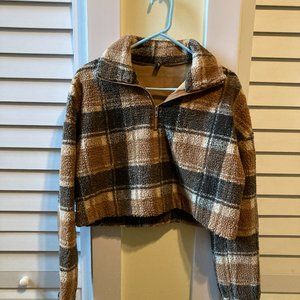 Collared quarter-zip cropped plaid teddy coat sweater